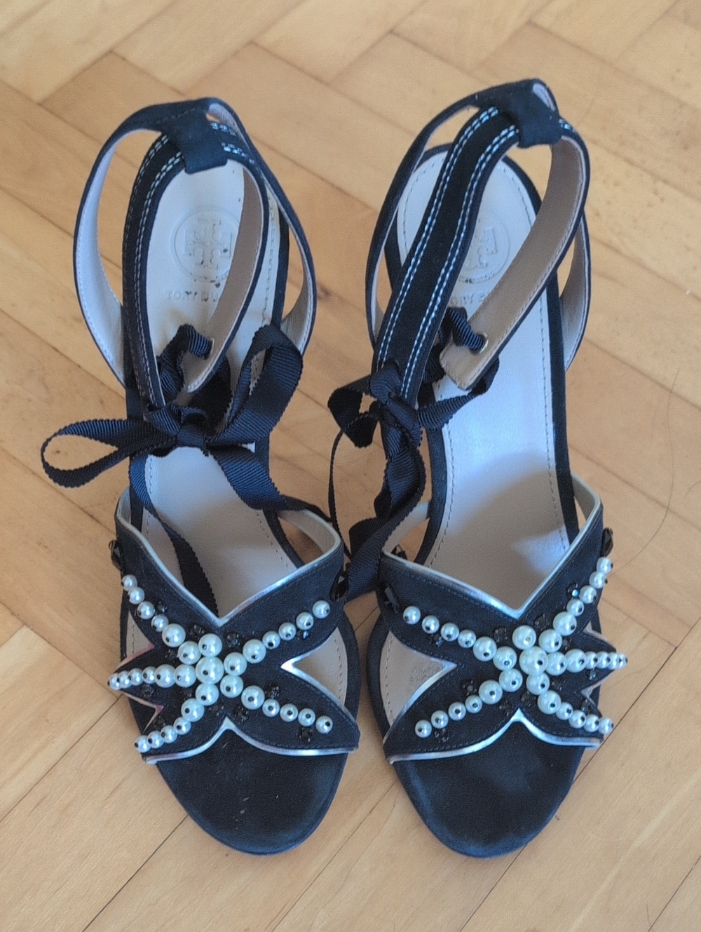 Tory Burch Navy Suede Pearl-Embellished Ankle-Tie Heels Size 9.5